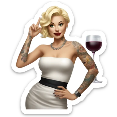 Blonde elegant women, her body covered with tattoos, wine in her one hand, Pointing Forward with her Other Hand , Hyper realistic sticker
