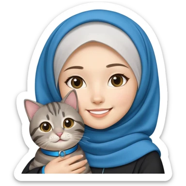 Asian White girl wearing hijab holding a black grey tabby cat while smiling. The cat is wearing a blue collar sticker