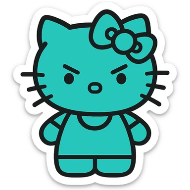 Hello Kitty character, teal color, angry expression, simple and iconic style sticker