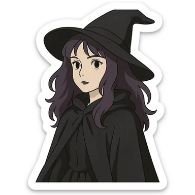 gothic woman with purple hair, witchy touch, wearing a black cloak, ghibli style sticker