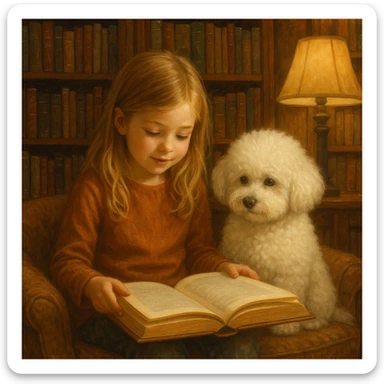 girl with blond hair reading with a bichon dog, in a library sticker