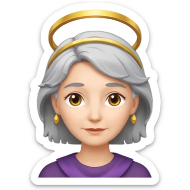grey-haired woman with a halo sticker