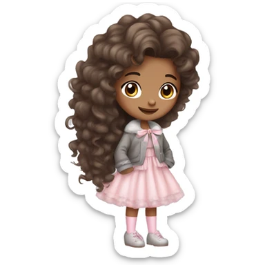 Girl with brown long curly hair cute and baby pink princess dress and gray fluffy jacket and baby pink bow and white stockings and black high heels adorable sticker
