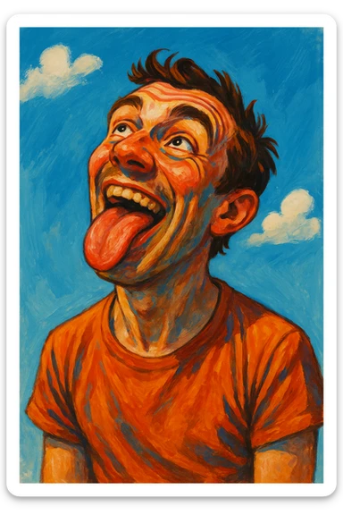 an expressive illustration of a man sticking out his tongue and looking up to the sky sticker