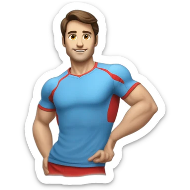 retro 70s blue and red gym clothes for a modern white brunette uni male student with glass sticker