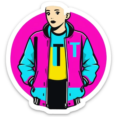 Minimalist sticker with white 'tt' letters on a black circle with cyan, magenta, and yellow dots below, jacket with street style influence sticker