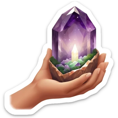 Ethereal hand silhouette (barely visible) cradling a raw amethyst geode prism, light refracting into natural scenes (e.g., skincare products in a spa), moss green (#8A9B6E) and terracotta (#B47157) gradients, soft bokeh light spots, earthy yet luxurious vibe  sticker