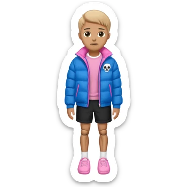 A skeleton with a white shirt blue puffer black shorts and pink slippers sticker