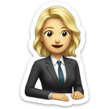 Blonde white woman wearing a suit sitting on the table telling the news towards the camera sticker