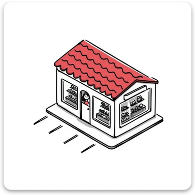 isometric view of a supermarket with a distinctive red tiled roof, glass entrance, and small parking lot sticker