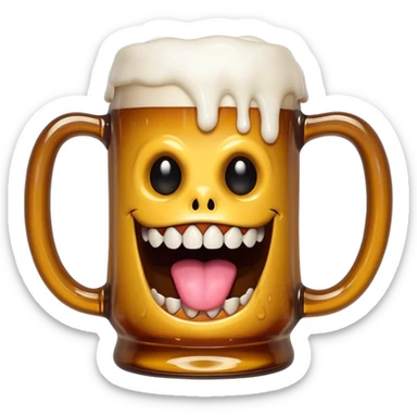 Mimic monster disguised as a beer mug with teeth and tongue, tipsy looking eyes sticker