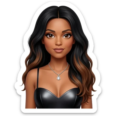 Aaliyah with dark brown eyes, long black hair with brown highlights, black metallic sweetheart dress, silver necklace sticker