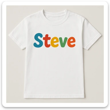 a shirt with 'Steve' written in a playful font sticker