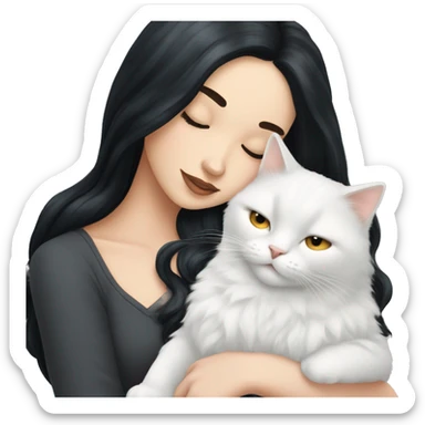A pretty white girl with very long black hair and sleeping curled up to a white cat  sticker