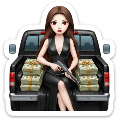 Lilith symbol red eye seductress evil long brown haired sexy succubus woman with leather long dress with slit on, sitting in Big Large F350 pickup truck. Back seat full of stacks of cash, she is  Holding a human skull of her enemies and a gun in other hand sticker
