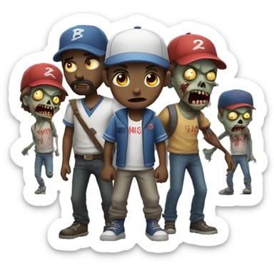 a boy with a beard in a baseball cap and zombies standing behind him sticker