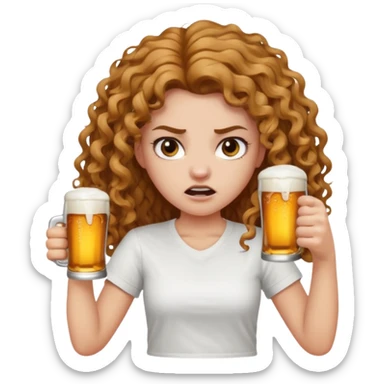 Girl with long light brown curly hair and white t-shirt with beers on hand and angry face sticker