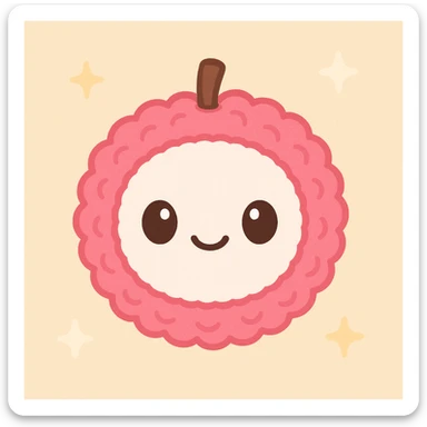 kawaii lychee emoji with plush toy-like look, round white face, big shiny eyes, happy smile, bright pink bumpy skin, small brown stem, glossy 3D style, soft shading, detailed texture, cheerful and expressive sticker