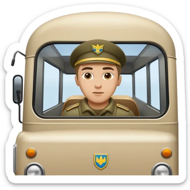 a small bus with a Ukrainian soldier leaning out of the window sticker