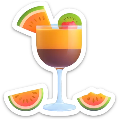 traditional layered carajillo in small clear glass showing golden liquor at bottom and coffee on top, with cantaloupe melon slice beside it sticker