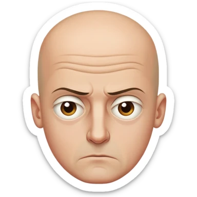 Steven Miller, bald, scowling expression, narrow rectangular head, bottom lip sticking out, eyelids almost closed and lower on the outside sticker