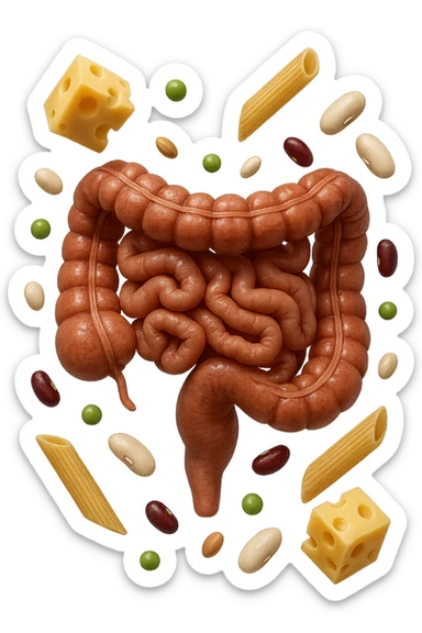 PEZZETTI DI EMMENTAL, PENNE DI PASTA RIGATE E LEGUMI FLUTTUANO INTORNO AD UN INTESTINO UMANO ANATOMICO REALISTICO, iperrealistico 4k sticker