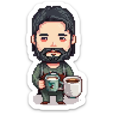 A thin guy with black hair, a long face, black beard, not too thick and long, holding a mug of coffee sticker