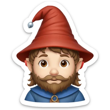 Gnomo con capelli ricci corti marroni, occhi marroni e cappello a punta sticker