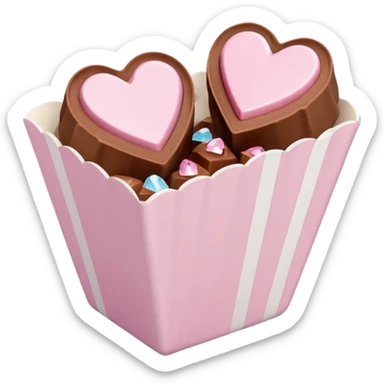 Two sharp-edged square milk chocolate pralines placed diagonally, each in a white fluted paper candy cup, with smooth glossy coating.
Flat thin pastel pink heart icing centered on top with subtle sugar crystal sparkle, clean studio lighting, pure white background, realistic minimal emoji-style. sticker