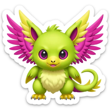 Lime-green and Yellow and Magenta furry cute kawaii winged Fakémon-Scalie-Digimon-creature (full body) sticker