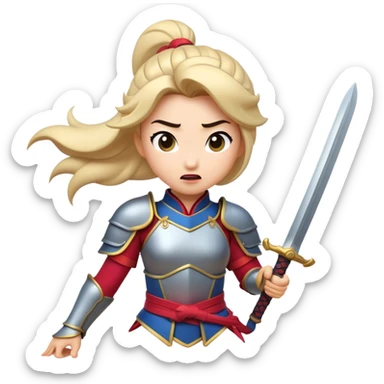 Cinematic Funny Mulan Portrait Emoji, Wearing her training armor too big, looking surprised as a sword nearly topples her over, a mix of warrior determination and hilarious inexperience, a comical yet endearing moment in her transformation! sticker