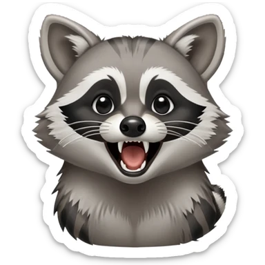 Cinematic-Noble- Yawning Raccoon-Portrait-Emoji – Poised and confident, wide-open yawn, revealing a soft grey with a sturdy build and a beautifully textured fur of silver-grey accented by dark black facial markings, deep-set, big black eyes, simplified yet sharp and sophisticated zoom out to show shoulders sticker