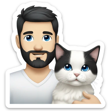 A guy with a black earing and black short hair and black beard and holding a all white Siberian cat with blue eyes  sticker