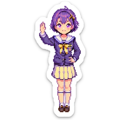 Pixel art anime girl with short bright purple hair wearing Japanese sailor style school uniform, composed posture with hand on hip but shyly waving with other hand, blushing face and timid smile, very shy expression sticker