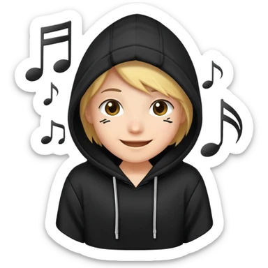 a smiling face peeking out from a hoodie with musical notes around sticker