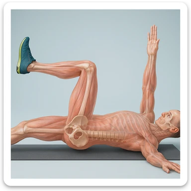 Anatomically hyperrealistic 4K depiction of a man in dead bug position, variant with one leg fully extended and the other bent, highlighting pelvis and spine bones, translucent muscles and skin, medical atmosphere. sticker