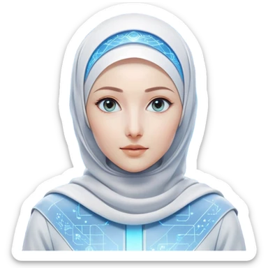 woman with white hijab wearing blue outfit, looking straight ahead, surrounded by futuristic screens showing advanced holographic interfaces, AI visualizations, quantum data patterns, circuit networks, high-tech metaverse elements sticker