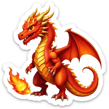 cinematic-noble-fierce-fire-dragon-full body-emoji,-poised-and-imposing,-with-a-muscular,-scaled-body-ablaze-in-fiery-hues-of-crimson,-molten-orange,-and-molten-gold,-and-intense,-burning-eyes-that-mirror-the-heart-of-a-volcano;-rendered in detail sticker