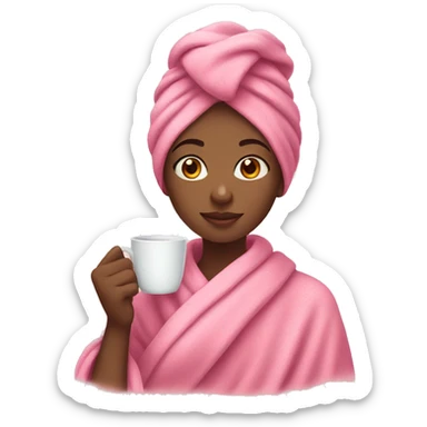 a girl in a pink towel with a mug of tea sticker