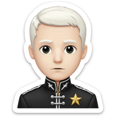Head and shoulders emoji of a pale man with short white hair, wearing a black marching band jacket with silver trim. black eyeliner. Expression stoic, commanding, and theatrical, heroic emo style sticker