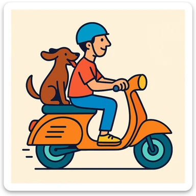 color vector art with thin outline of man and pet dog riding a scooter sticker