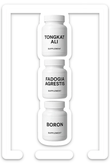 4 boccette di integratore: Tongkat Ali, Fadogia Agrestis, Boron e Zinco fluttuano in aria verticalmente sticker