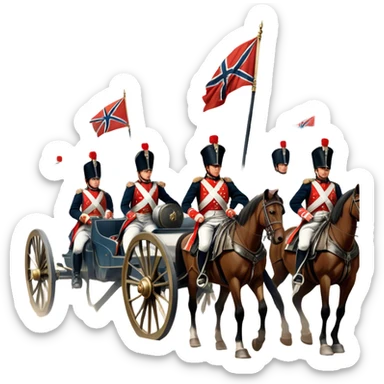 A vintage movie poster-style design depicting a dramatic Napoleonic War scene. Include soldiers in period uniforms, cannons, and a battlefield with flags and horses. The background should evoke a sense of battle and history, with old-fashioned cinematic flair. Transparent background. sticker