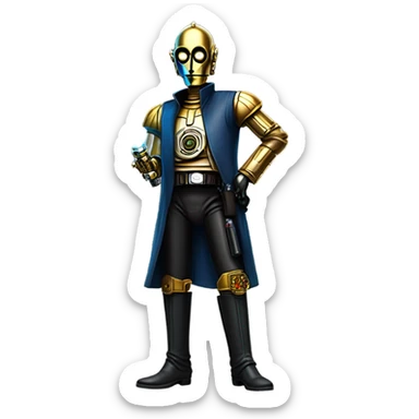 tarnished undercover tough well-equipped Jedi  life-sized darkblue-pearl C3po leather clothing pants and vest old west duster coat holding light saber sheriff sticker