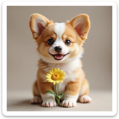 photorealistic small cute corgi puppy with a flower, playful expression, fluffy fur sticker