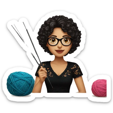 Hispanic woman with black glasses long dark brown curly hair holding crochet needle and yarn wearing a black lace shirt sticker