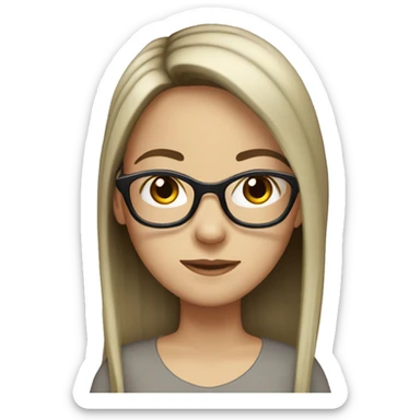 white girl with black straight long hair, dark brown eyes, glasses sticker