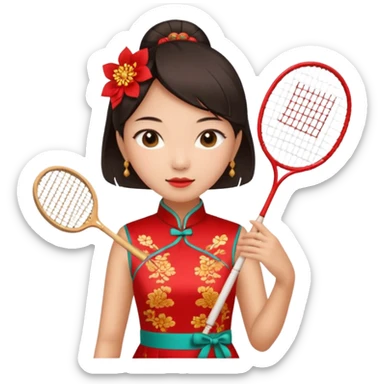ancient cheongsam girl with 1 badminton racket, red sticker