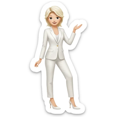 Chica blanca, traje pantalón blanco, zapatos blancos tacon pelo recogido con mechones sueltos, cuerpo entero sticker