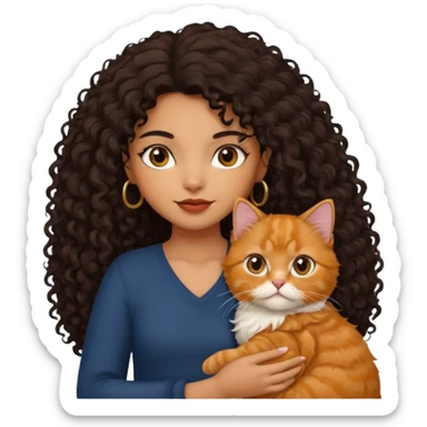 a brown/tan girl with black curly hair holding a ginger Persian cat with long fur sticker